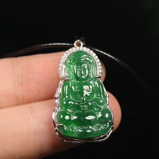 925 Silver Certified Grade A Green Natural Jadeite Jade Pendant Kwan-yin 00371