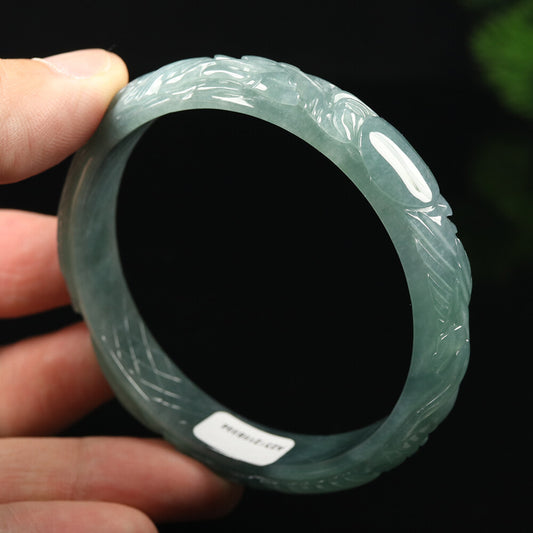 60mm Certified A Green Natural Jadeite Jade Bangle Bracelet Dragon Phoenix 17841