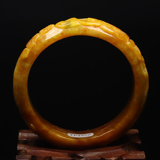 59mm Yellow Brown Jadeite Jade Bangle Bracelet Hand-carved Flowers Fish 08957