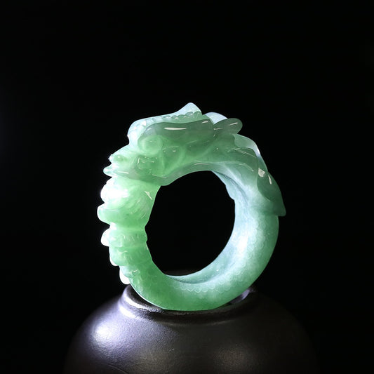 Size 10.5 Certified Grade A Green 100% Natural Jade Jadeite Ring Dragon 02075