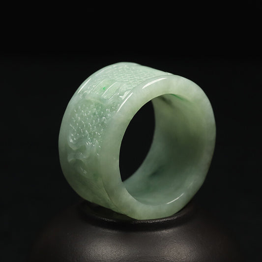 Size 13.5 Certified Grade A 100% Natural Green Jadeite Jade Thumb Ring 六字箴言02213